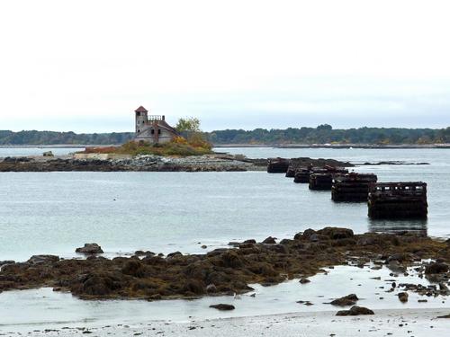 view of Wood Island Lifesaving Station from Fort Foster Park at Kittery Point in southern Maine
