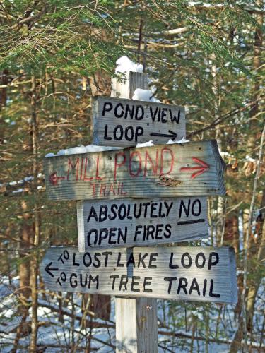 trail junction sign in December at Kuncanowet Town Forest near Dunbarton, New Hampshire