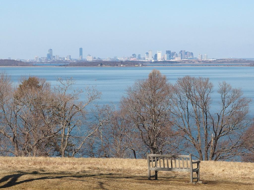 view from the southeast of the Boston skyline from World's End at Hingham in Massachusetts