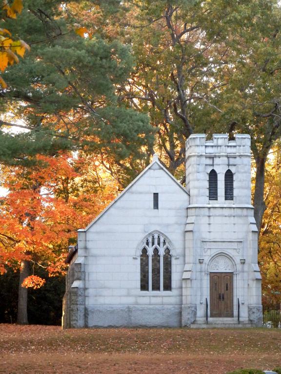 chapel and Fall foliage within Edgewood Cemetery at Nashua in New Hampshire