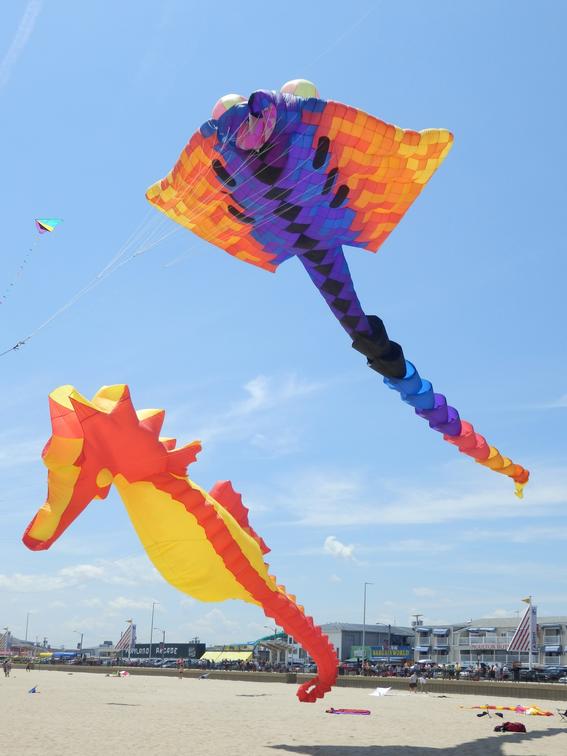 king-size kites flying low at Hampton Beach in New Hampshire