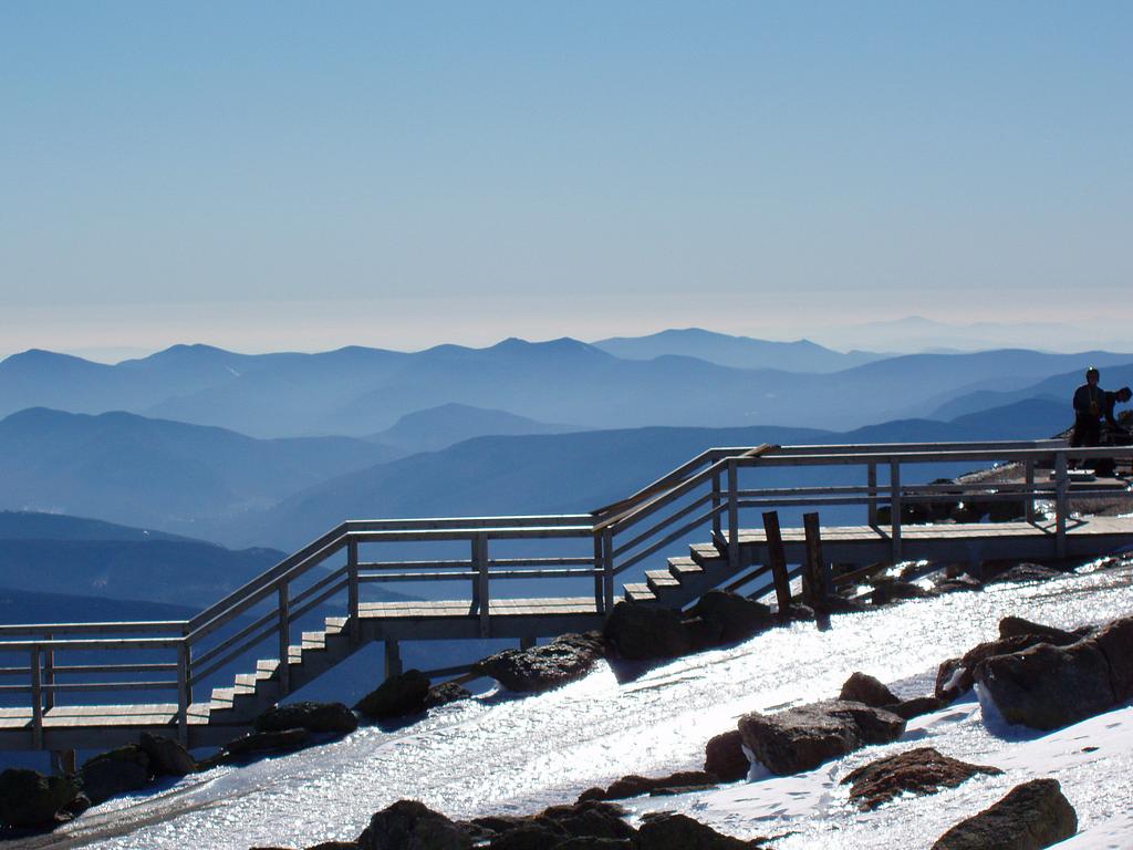 stairway and winter view from Mount Washington in New Hampshire
