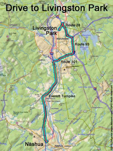 drive route to Livingston Park trailhead in southern New Hampshire
