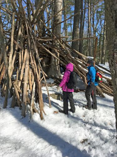 Andee and Dick inspect a wooden teepee in March at Livingston Park in Manchester, NH