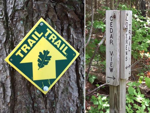 trail signs at Loverens Mill Preserve in southern New Hampshire