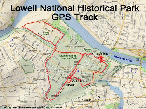 GPS track around Lowell National Historical Park at Lowell in northeastern Massachusetts