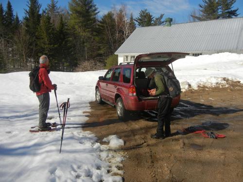 Fred and Dick gear up at the start of a bushwhack to Lyman Mountain in New Hampshire