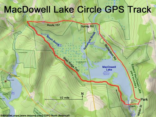 GPS track around Edward MacDowell Lake Flood Control Area at Peterborough in southwestern New Hampshire