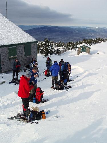 winter hikers at Mount Madison Hut in New Hampshire