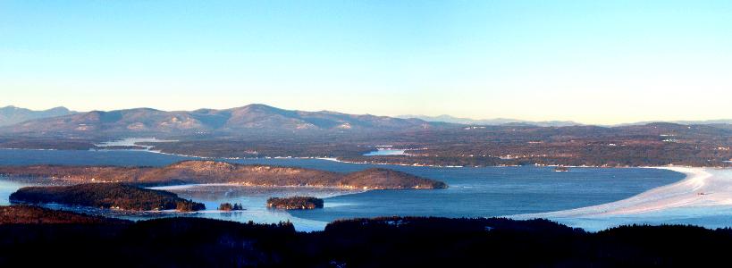 panoramic view of Lake Winnipesaukee in January from Mount Major in New Hampshire