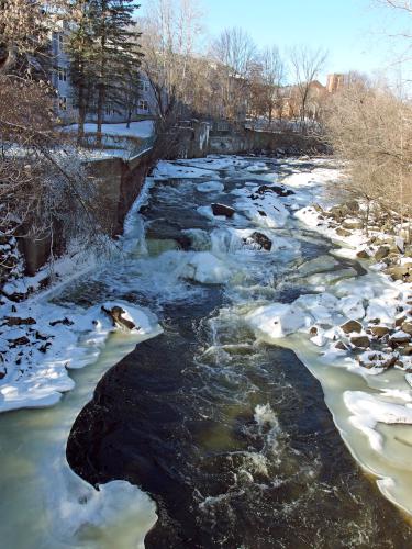 Mascoma River in January flowing under the Mascoma River Greenway at Lebanon in western NH