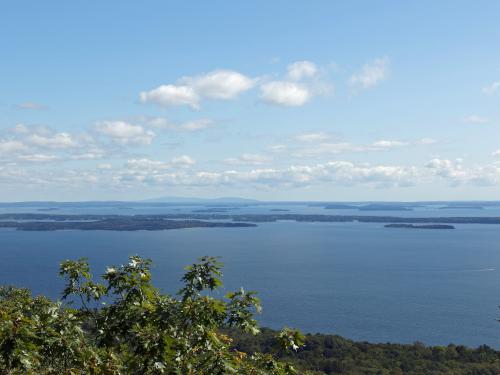 view east in September from Adam's Lookout on Mount Megunticook in Maine toward Penobscot Bay and distant Acadia