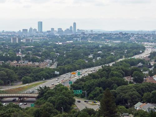 view of the Boston skyline and Route 93 from Wright's Tower at Middlesex Fells Reservation in Massachusetts