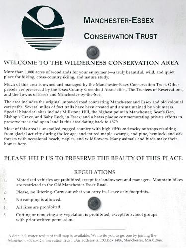 notice at Manchester-Essex Wilderness Conservation Area near Essex in northeast Massachusetts