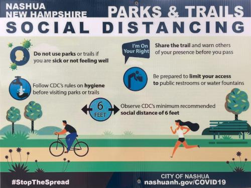 social distancing poster in April at Mine Falls Park in New Hampshire