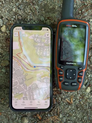 GPS position showing on the iPhone and Garmin at Mine Falls Park in New Hampshire