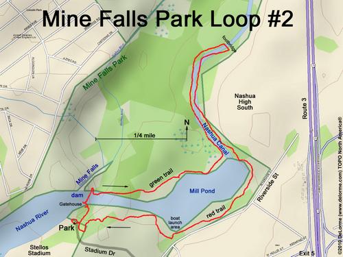 GPS track around Mill Pond within Mine Falls Park at Nashua in New Hampshire