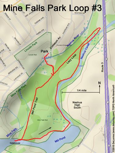 GPS track around Mill Pond Trail and Lazy Loop within Mine Falls Park at Nashua in New Hampshire