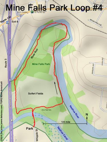 GPS track around River Run within Mine Falls Park at Nashua in New Hampshire