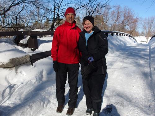 Fred and Laura in winter at Mine Falls Park in New Hampshire