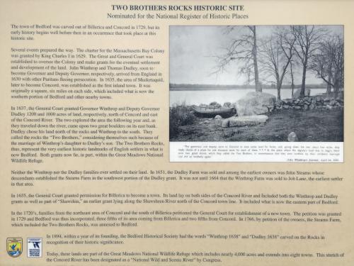 Two Brothers Rocks plaque at Minnie Reid Conservation Area in northeastern Massachusetts