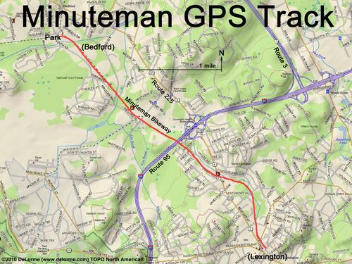 GPS track on the Minuteman Bikeway between Bedford and Lexington in Massachusetts