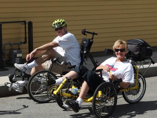 Jerry and Kathi gear up on their recumbent bikes before heading out on the Minuteman Bikeway at Bedford in Massachusetts