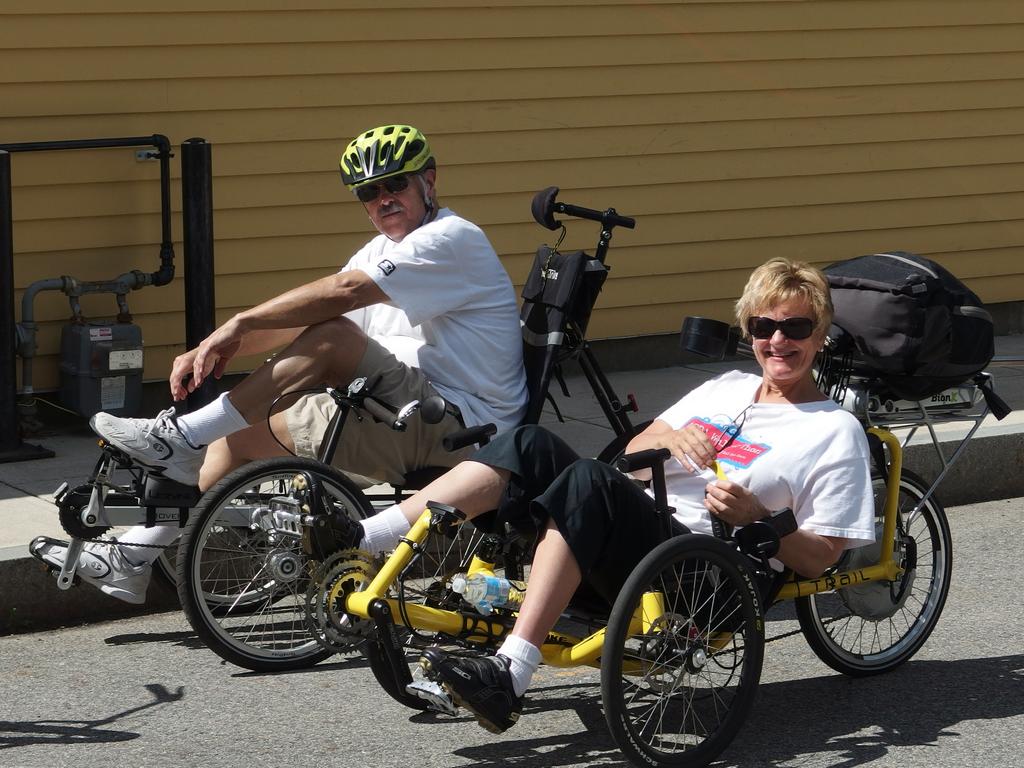 Jerry and Kathi gear up on their recumbent bikes before heading out on the Minuteman Bikeway from Bedford in Massachusetts