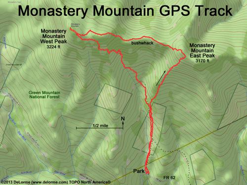 GPS track to Monastery Mountain in the Green Mountains of northern Vermont