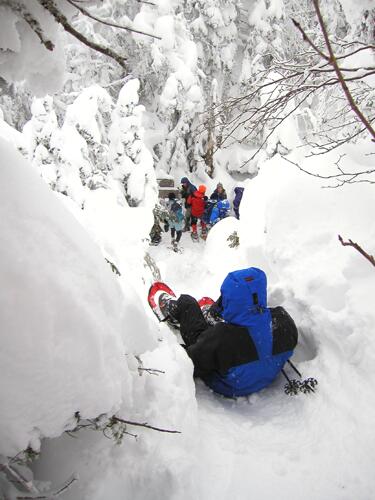 sliding off the summit of Mount Moriah in New Hampshire