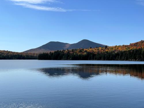 view of Mountain Pond and Doublehead Mountain in October from the Mountain Pond Loop trail in New Hampshire