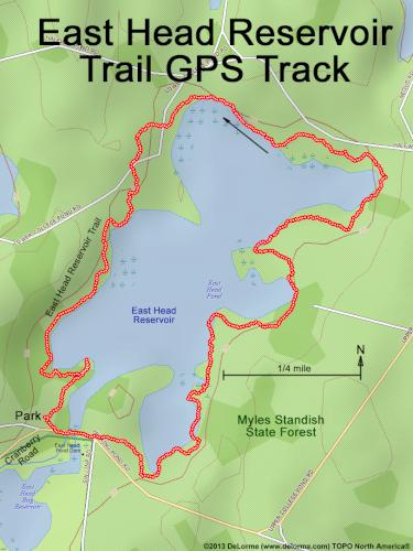 GPS track on East Head Reservoir Trail at Myles Standish State Forest in eastern Massachusetts