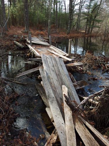 broken bridge at Nashoba Brook Watershed in eastern Massachusetts