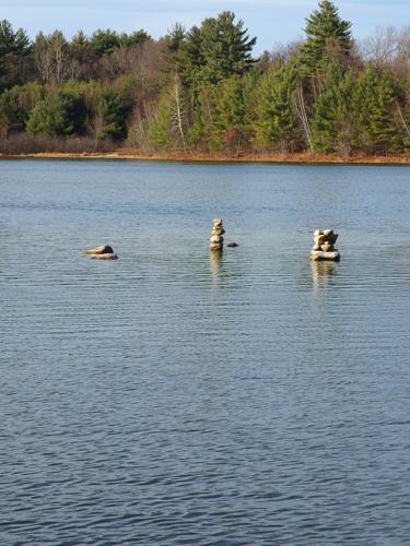 in-water cairns at Nashoba Brook Watershed in eastern Massachusetts