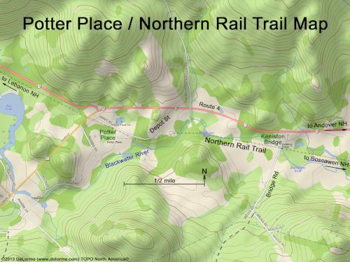 map of a central segment of the Northern Rail Trail near Andover, New Hampshire