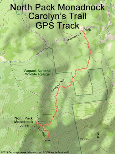 GPS track following Carolyn's Trail to North Pack Monadnock Mountain in southern New Hampshire