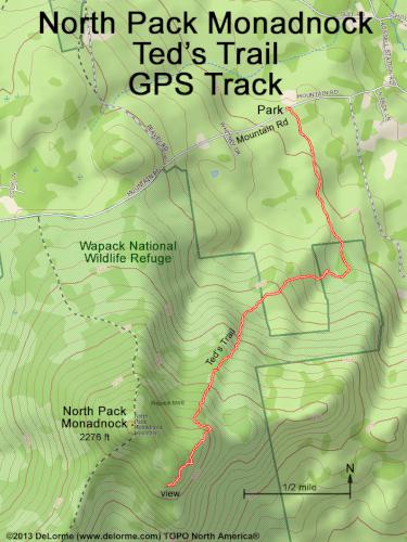 GPS track following Ted's Trail to North Pack Monadnock Mountain in southern New Hampshire