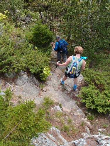 hikers descending the Cliff Trail on North Pack Monadnock Mountain in New Hampshire