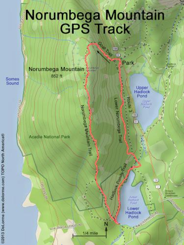 GPS track on Norumbega Mountain at Acadia National Park in Maine