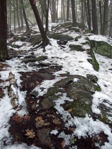 rough trail in December at Nottingcook Forest near Bow in southern New Hampshire