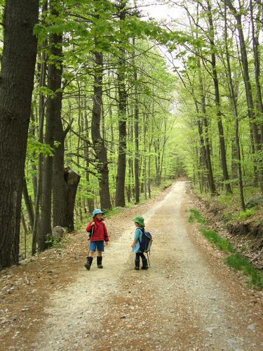 Carl and Talia in May on the trail to Oak Hill near Concord in New Hampshire