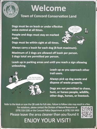 dog-walker rules poster at October Farm Riverfront near Concord in northeast MA