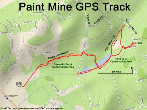 GPS track at Paint Mine Conservation Area at Lexington in Massachusetts