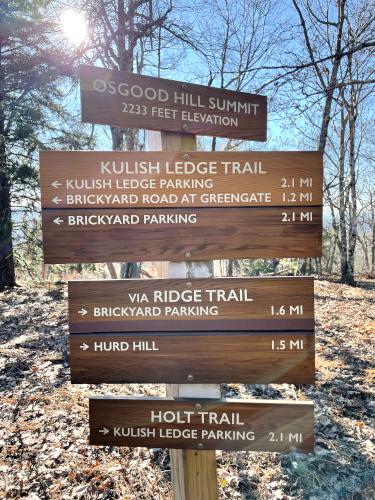 signs in December atop Osgood Hill at Partridge Woods in southern New Hampshire