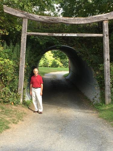 Fred by the Tunnel of Oblivion at Path of Life Garden at Windsor in eastern Vermont