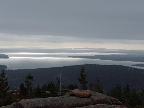 sinister ocean view in bad-weather November from atop Penobscot Mountain within Acadia Park in coastal Maine