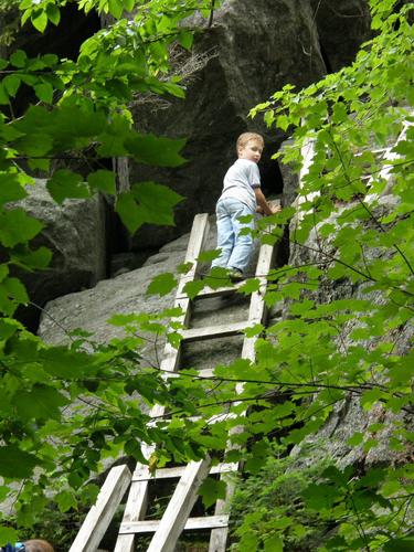 young hiker ascending a trail ladder to Mount Morgan in New Hampshire