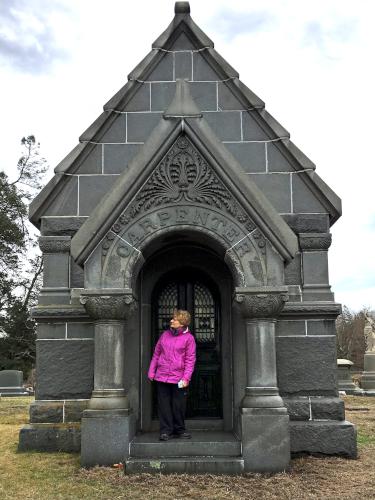 sedate mausoleum at Pine Grove Cemetery in Manchester, NH