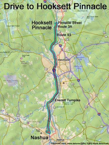 drive route to Hooksett Pinnacle trailhead in southern New Hampshire