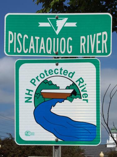 Piscataquog River sign beside the Piscataquog Trail in southern New Hampshire